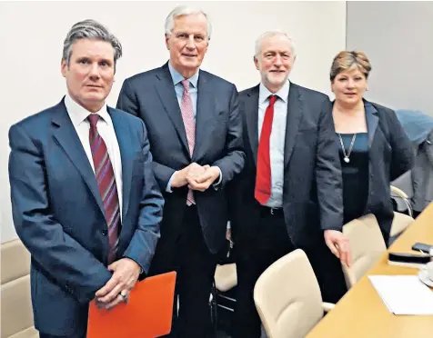  ??  ?? Jeremy Corbyn meets Michel Barnier with Sir Keir Starmer and Emily Thornberry in London on Monday