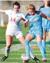  ?? STAFF STEPHEN M. KATZ/ ?? First Colonial’s Skylar Miller, right, and Princess Anne’s Ella Scholefiel­d battle for possession the ball on Wednesday.