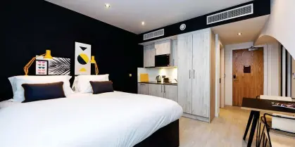  ??  ?? HANDY COMPROMISE: A Stay City apartment bedroom in Liverpool. Below: A Citadines room in Islington