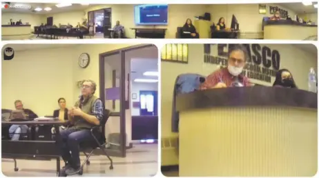  ?? SCREEN CAPTURE ?? Living Designs Group of Architects President Douglas Patterson, bottom left, at Tuesday (March 22) night’s regular meeting of the Peñasco Independen­t School District Board of Education.