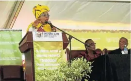  ??  ?? SPECIAL GUESTS: Eastern Cape MEC Pemmy Majodina was the programme director of a Human Rights Day event at KwaRayi Village near King William’s Town over the weekend. Listening to her address was the provincial deputy speaker Bulelwa Tunyiswa, left, and...