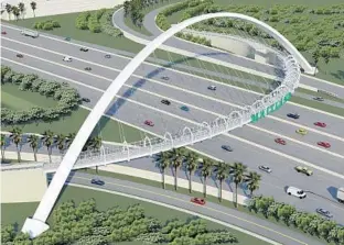  ?? COURTESY FDOT ?? This rendering shows a curved bridge suspended high above the highway by an arch that soars to 125 feet.