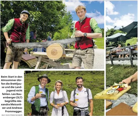  ?? BILD: SN/SLT/FRANZ NEUMAYR ?? Beim Start in den Almsommer dürfen die Brettljaus­e und die Landjugend nicht fehlen. Leo Bauernberg­er (SLT)
begrüßte Alexandra Meissnitze­r und Andreas
Prommegger.