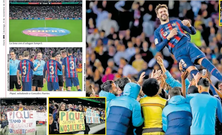  ?? ?? Pancartas en el Camp Nou de apoyo a Piqué. En la imagen central, el jugador, manteado por sus compañeros.