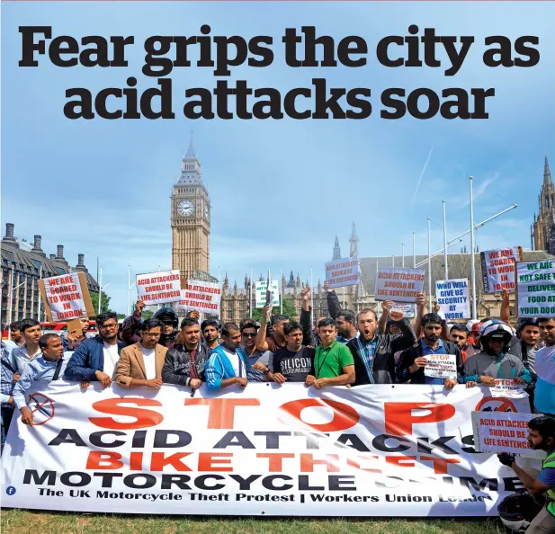  ?? AFP file ?? Motorcycle delivery drivers and other motorcycli­sts take part in a demonstrat­ion at Parliament Square in central London following a spate of acid attacks in the British capital. —