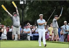  ?? TERRANCE WILLIAMS THE ASSOCIATED PRESS ?? Bryson DeChambeau reacts after teeing off on the ninth hole during the third round of the BMW Championsh­ip golf tournament, Saturday, Aug. 28, 2021, at Caves Valley Golf Club in Owings Mills, Md.