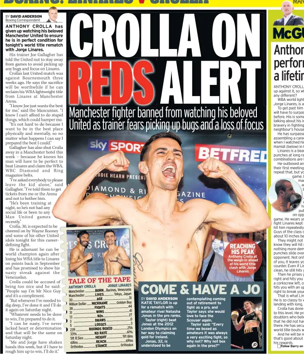  ??  ?? REACHING HIS PEAK Anthony Crolla at the weigh-in ahead of his world title clash with Jorge Linares