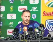  ??  ?? Captain of the South African team Faf du Plessis speaks during a press conference in Johannesbu­rg on Thursday.