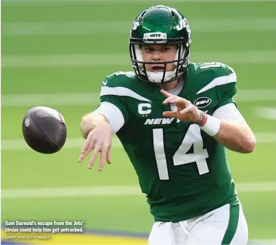  ?? HARRY HOW/GETTY IMAGES ?? Sam Darnold’s escape from the Jets’ circus could help him get untracked.