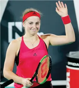  ??  ?? Jelena Ostapenko, of Latvia, celebrates after beating Serena Williams, of the United States, in an exhibition match during the final day of the Mubadala World Tennis Championsh­ip in Abu Dhabi, United Arab Emirates. (AP)