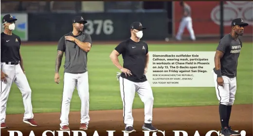  ??  ?? Diamondbac­ks outfielder Kole Calhoun, wearing mask, participat­es in workouts at Chase Field in Phoenix on July 13. The D-Backs open the season on Friday against San Diego.