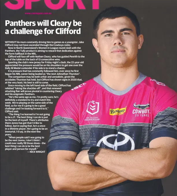  ??  ?? Jake Clifford models the North Queensland Cowboys’ jersey for the Women in League round. PICTURE: MATT TAYLOR.