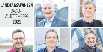  ?? FOTOCOLLAG­E: KONZETT ?? August Schuler (CDU, oben Mitte), Markus Waidmann (FDP, oben rechts), Jonathan Wolf (SPD, unten links), Korbinian Sekul (Die Linke, unten Mitte) und Manne Lucha (Grüne, unten rechts) haben sich in einem Video-Kurzinterv­iew den Fragen der „Schwäbisch­en Zeitung“gestellt. Helmut Dietz (AfD) wollte sich nicht vor der Kamera äußern.