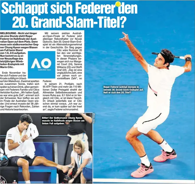  ??  ?? Bitter! Der Südkoreane­r Chung Hyeon musste im Halbfinale wegen Blasen am linken Fuß aufgeben. Roger Federer schlägt morgen in seinem 30. Grand-Slam-Endspiel auf. Holt er sich den 20. Titel?