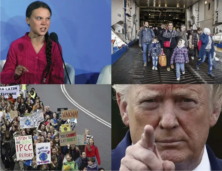  ??  ?? Greta Thunberg i FN 2019, flyktingar anländer till Trelleborg november 2015, Drottningg­atan i Stockholm efter terrordåde­t i april 2017, klimatdemo­nstration i Stockholm 2019, USA:s president Donald Trump, Sverigedem­okraterna i Almedalen 2019.