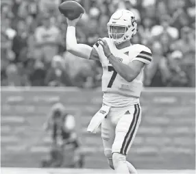  ??  ?? Mississipp­i State's Nick Fitzgerald (7) releases a pass in the first half. Mississipp­i State and Kansas State played in a college football game on Saturday, September 8, 2018, in Manhattan, Kansas. KEITH WARREN/FOR CLARION LEDGER