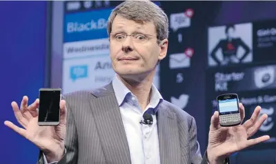  ?? TIMOTHY A. CLARY/AFP/GETTY IMAGES ?? Research In Motion CEO Thorsten Heins officially unveils the BlackBerry 10 mobile platform, as well as two new smartphone­s at the New York City launch Wednesday. BlackBerry is pinning its comeback hopes on the revamped platform and sleek new handsets.