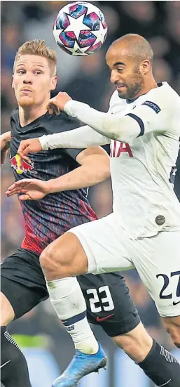  ?? Picture: Shuttersto­ck. ?? Tottenham forward Lucas Moura wins the ball from Marcel Halstenber­g.