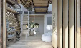  ??  ?? The smaller modern bahay kubo features foldable doors for open ventilatio­n and optimizati­on of space.