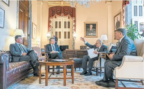  ?? NYT ?? Senators (from left) Martin Heinrich, Todd Young, Chuck Schumer and Mike Rounds meet in Schumer’s office in Washington on Tuesday.