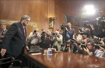  ?? Andrew Harnik/Associated Press ?? Attorney General William Barr arrives to testify during a Senate Judiciary Committee hearing Wednesday on Capitol Hill in Washington.