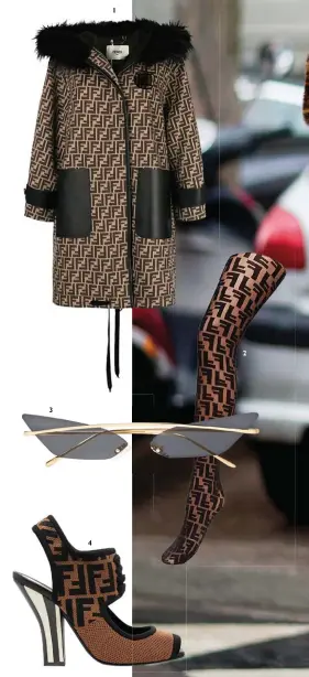  ??  ?? 1. Coat, Fendi 2. Stockings, Fendi 3. Sunglasses, Poppy Lissiman at Net-a-Porter.com 4. Heels, Fendi