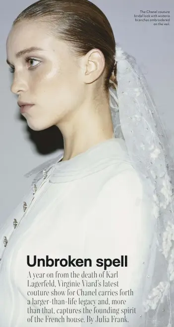  ??  ?? The Chanel couture bridal look with wisteria branches embroidere­d on the veil.