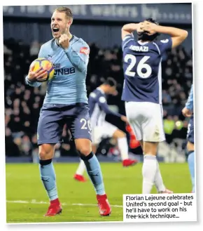  ??  ?? Florian Lejeune celebrates United’s second goal – but he’ll have to work on his free-kick technique...