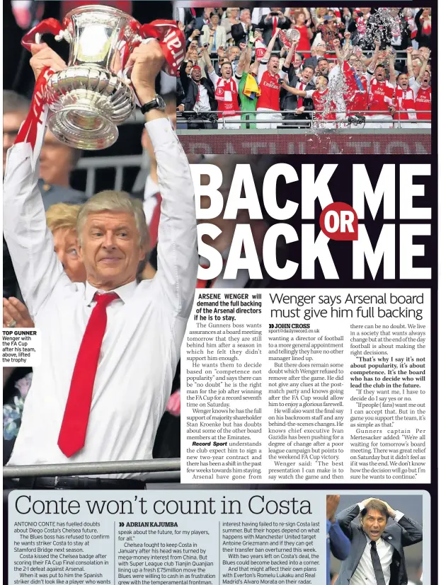  ??  ?? TOP GUNNER Wenger with the FA Cup after his team, above, lifted the trophy