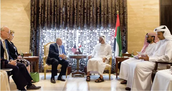  ?? Rashed Al Mansoori / Crown Prince Court – Abu Dhabi ?? Sheikh Mohammed bin Zayed, Crown Prince of Abu Dhabi and Deputy Supreme Commander of the Armed Forces, meets US envoy, retired general Anthony Zinni, and other UAE and US representa­tives at Al Shati Palace yesterday