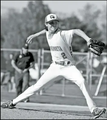  ?? Photo by John Zwez ?? Wapakoneta’s Grant Jolly throws a no-hitter against Coldwater in a 6-1 Redskin win.