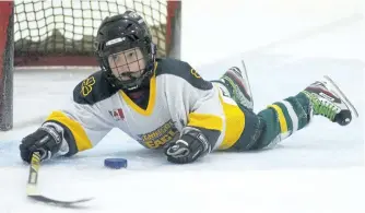  ?? CLIFFORD SKARSTEDT/EXAMINER FILES ?? Ennismore Optimist Club Mite 1's Walker Munro makes a save in his crease during the second annual Hockey Day in Ennismore event on Feb. 11, 2012 at the Robert E. Young Recreation Complex in Ennismore.