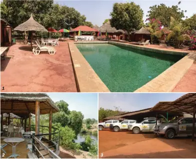  ??  ?? 3 1- Au coeur du parc arboré, une grande piscine pour les heures de détente.
2- Une vue imprenable sur la brousse et le fleuve Gambie.
3- La qualité du parc automobile est à la hauteur du reste des prestation­s.