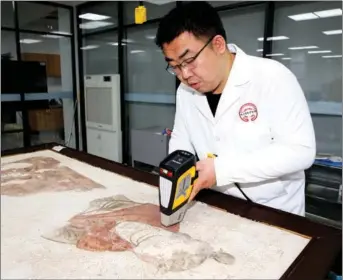  ?? PHOTOS BY HUO YAN / CHINA DAILY ?? Staff members from the museum restore murals unearthed from the tomb of a Tang Dynasty princess.