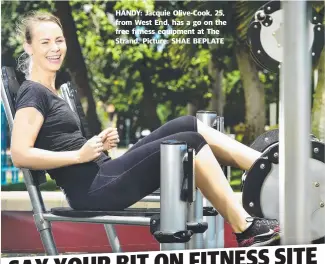  ??  ?? HANDY: Jacquie Olive- Cook, 25, from West End, has a go on the free fitness equipment at The Strand. Picture: SHAE BEPLATE