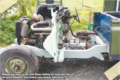  ??  ?? Making the most of the Land Rover making an excursion into the great outdoors, etch primer was quickly rollered on.