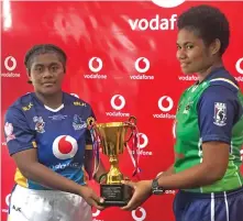  ?? Photo: Sereana Salalo ?? Namosi Secondary School women’s captain Mereani Kuru and Lomaivuna High School’s Karalaini Natokalau at the Vodafone headquarte­rs in Tamavua, Suva on May 4, 2023.