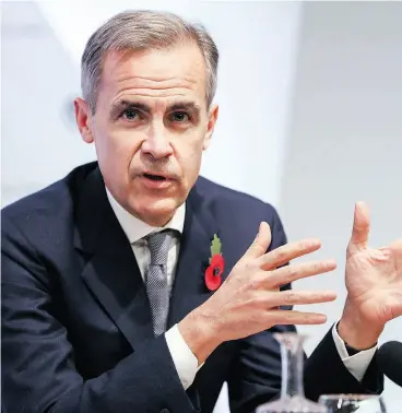  ?? CHRIS RATCLIFFE / BLOOMBERG ?? Bank of England governor Mark Carney said on Thursday said that a disorganiz­ed Brexit would very likely have a negative impact on Britain’s supply capacity.