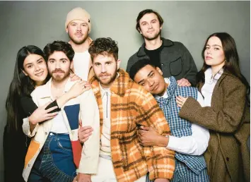  ?? TAYLOR JEWELL/INVISION ?? “Theater Camp” cast and creative team members Patti Harrison, from left, Noah Galvin, Jimmy Tatro, Ben Platt, Nick Lieberman, Owen Thiele and Molly Gordon are seen Jan. 20 during the Sundance Film Festival in Park City, Utah.