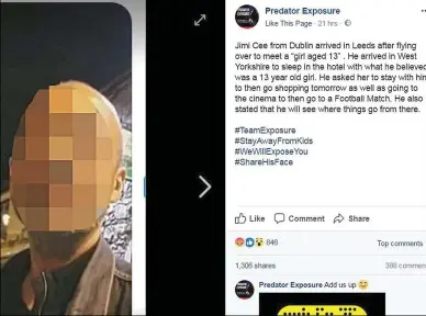  ??  ?? Sting operation: A pixellated image of the alleged offender, posted on the Predator Exposure Facebook page. Below: The banner image of the vigilante group