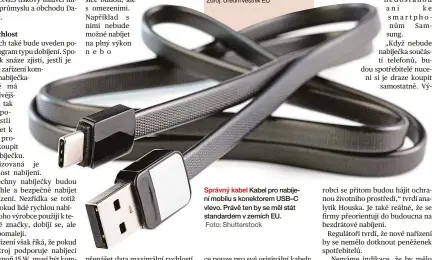  ?? Foto: Shuttersto­ck ?? Správný kabel Kabel pro nabíjení mobilu s konektorem USB–C vlevo. Právě ten by se měl stát standardem v zemích EU.