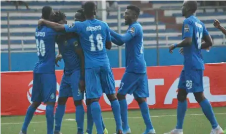  ??  ?? Enyimba FC defeated Rivers United 5-4 in sudden death yesterday to advance to the money-spinning Group stage of the CAF Confederat­ion Cup