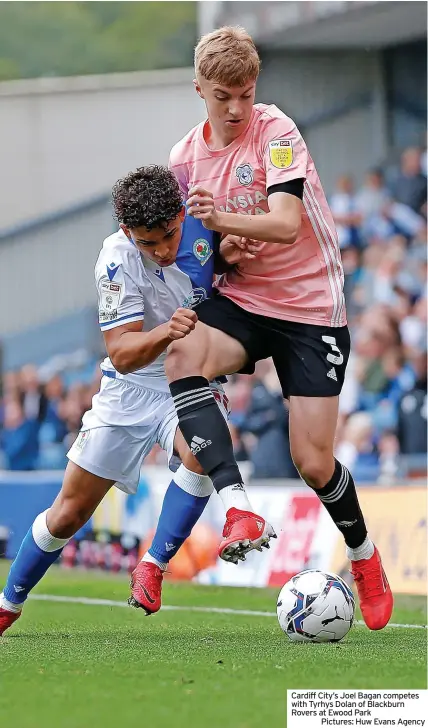  ?? ?? Cardiff City’s Joel Bagan competes with Tyrhys Dolan of Blackburn Rovers at Ewood Park
Pictures: Huw Evans Agency
