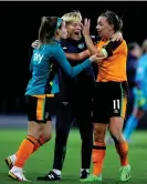  ?? Photograph: Ryan Byrne/ INPHO/REX/Shuttersto­ck ?? Vera Pauw celebrates with Chloe Mustaki and Katie McCabe after Ireland qualified for a first World Cup last week via a playoff win against Scotland.