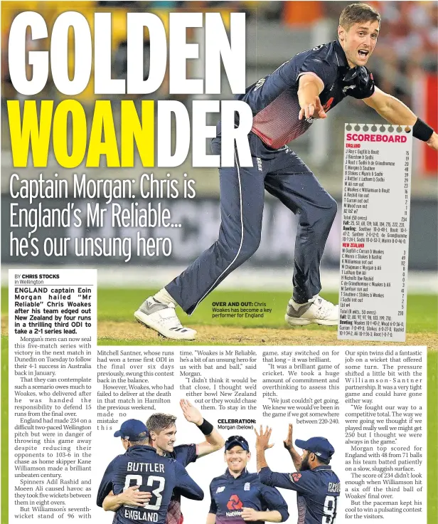  ??  ?? OVER AND OUT: Chris Woakes has become a key performer for England CELEBRATIO­N: Morgan (below)