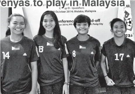  ?? BUBOY ARRIETA FACEBOOK PHOTO ?? MALAYSIA-BOUND. Davao City players Patricia Francisco, Bea Angela de Luna, Joyce Semacio and Joanah Adao form part of the Philippine­s’ U16 girls team seeing action in the Group D Regional Qualifier in Melaka, Malaysia.
