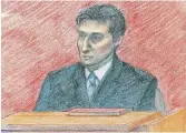  ?? MARCELA PRIKRYL SPECIAL TO THE HAMILTON SPECTATOR ?? Geoffrey Gonsalves, in a courtroom sketch testifying in the Maria Figliola murder trial in 2006.