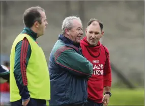  ??  ?? Harry Murphy and Kiltegan’s Trevor Doyle have a discussion during the SFC quarter-final in Joule Park, Aughrim. Picture: Garry O’Neill