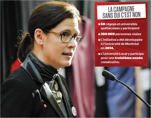  ?? PHOTO STEVENS LEBLANC ?? Lors du lancement de la campagne de prévention de la violence à caractère sexuel Sans oui c’est non, hier, la rectrice Sophie D’amours a répété sa volonté de prendre « ce dossier de front » afin que l’université Laval devienne une « référence » en la...