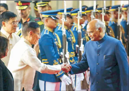  ?? KRIZJOHN ROSALES ?? Visiting Indian President Ram Nath Kovind is greeted by Health Secretary Francisco Duque upon his arrival at the Ninoy Aquino Internatio­nal Airport yesterday. The Indian leader is in the country for a five-day state visit. Story on Page 4.